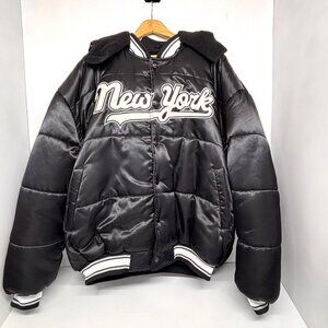 Vtg 90s 00s New York Satin Bomber Jacket MC Men's Club Black w/ Hood Size 3XL